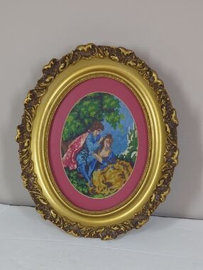 Ornate Gold Oval Framed Needlepoint Romantic Scene